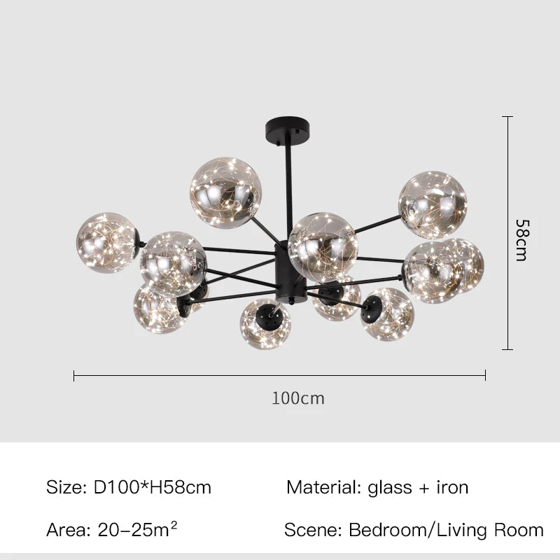 2025 New Nordic Chandeliers For Living Room Bedroom Decoration Black Luxury Glass Ball Ceiling Pendant Lamp Brightness Dimmable