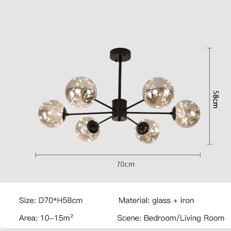 2025 New Nordic Chandeliers For Living Room Bedroom Decoration Black Luxury Glass Ball Ceiling Pendant Lamp Brightness Dimmable
